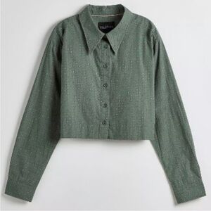 Wildfang Olive Green Dot Print Boxy Cropped Button Up Cotton Collared Shirt 1XL